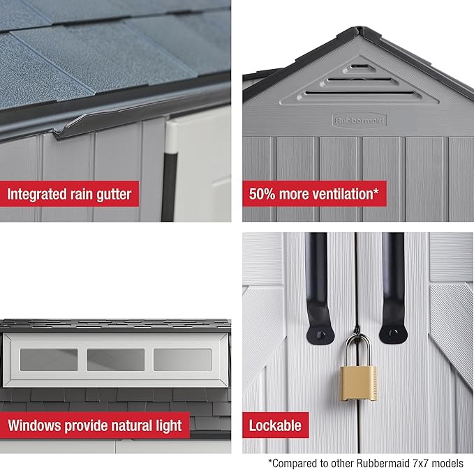 Rubbermaid Extra Large Resin Outdoor Storage Shed With Floor (7 x 10 Ft.), Weather Resistant, Brown, Organization for Home/Lawn Mower/Backyard Equipment/Bike Storage/Pool Supplies