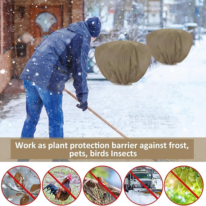 12 Pcs Winter Plant Covers Freeze Protection 39.4x23.6 Inch Horizontal Shrub Tree Rose Plant Protection Bags Frost Blanket with Drawstring for Fall Winter Outdoor Garden Planting (Brown)