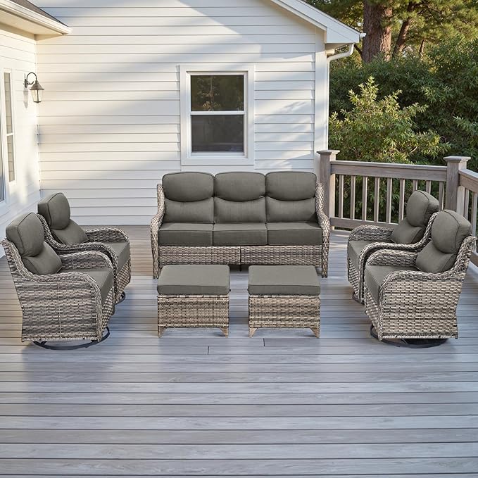 Wicker Outdoor Patio Furniture Set - 7 Piece Patio Conversation Sets with Swivel Rocker Chairs, Ottomans and Sofa, 6 inch Cushions, Waterproof Wicker, for Porch Deck Mixed Grey/Grey