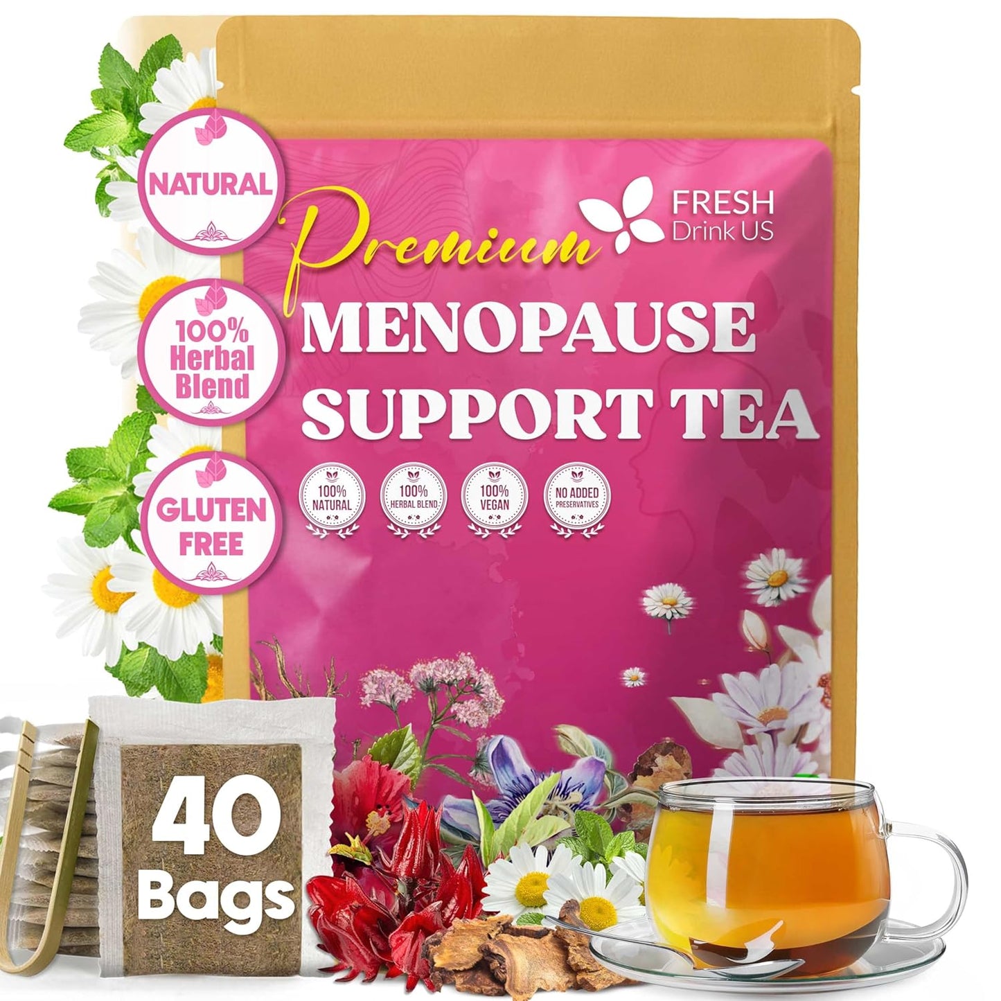 FreshDrinkUS, 40 Tea Bags - Menopause Support Herbal Tea – Soothing Blend with Rhubarb, Hibiscus, Valerian, Passiflora, Ashwagandha, Fennel & Chamomile, Caffeine-Free, Vegan, Non-GMO