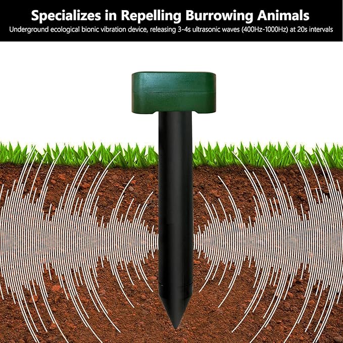 8 Pack Solar Mole Repellent, Outdoor Sonic Mole Spikes, Waterproof Deterrent Ultrasonic Animal Repellant Stakes to Get Gopher Snake Vole Possum Groundhog Rid of in Yard, Safe for Human and Pets