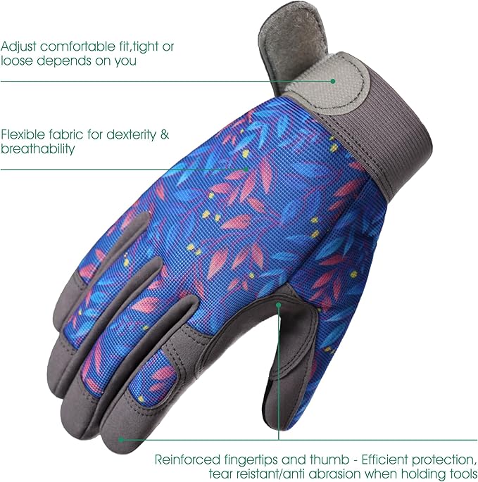 COOLJOB Medium Gardening Work Gloves for Women Ladies, Thorn Proof for Rose Pruning, Cactus Handling, Blackberry Bush Planting, Puncture Resistant Anti-Slip Flexible, 1 Pair M Blue Flower