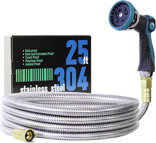 25FT Garden Hose, 304 Stainless Steel Water Hose, Flexible with a 10-Mode Nozzle Sprayer, No Kink, Lightweight, Puncture Proof, Ideal for Yard, Lawn, Outdoor, 5/8'' Outside Diameter