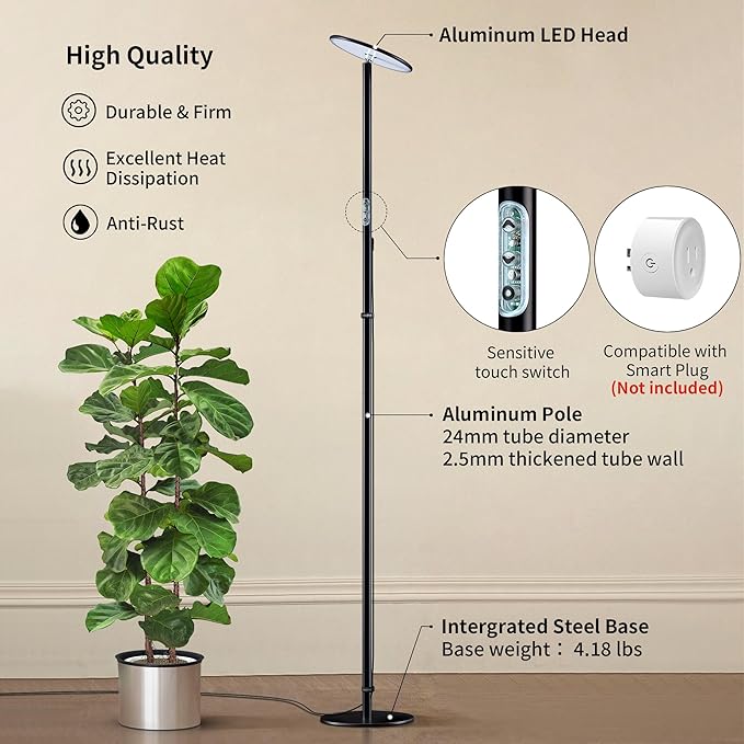 chiphy Grow Lights, Full Spectrum Plant Light for Indoor Plants, 40W, 10 Dimmable Brightness, 69" Heights Adjustable, 2025 Upgraded Compatible with Smart Plug, Ideal for Large Tall Plants