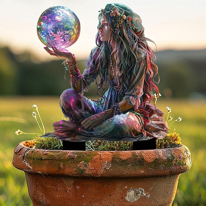 Fairy Garden Stake Decor, 2D Flat Acrylic Fairy Garden Decor Panel, Elf Yard Sign for Outdoor Indoor Yard Lawn Plants Pots, Fairy Garden Accessories (Maiden with Magic Ball)