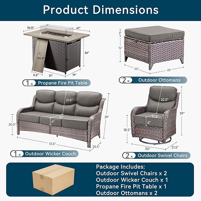 Luxury High Back Outdoor Furniture 6-Inch Thick Cushions with 50,000 BTU Gas Propane Fire Pit Tablet, Patio Furniture Set with Swivel Chairs, 6 PCS for Porch, Balcony, Deck and Yard