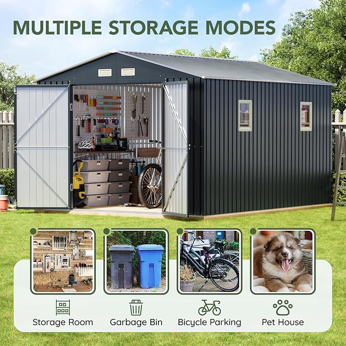 10x10 FT Outdoor Metal Storage Shed, Double Swing Doors, 2 Clear Windows,Tool Shed for Garden, Patio, Backyard