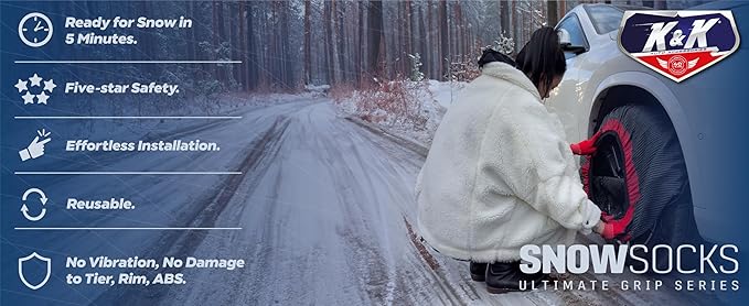 K&K Auto Accessories Snow Socks for Tires - Pro Series for Ultimate Grip Alternative for Tire Snow Chain - Snow Traction Device for Passenger Cars SUVs Trucks Winter Emergency Accessory (Medium)