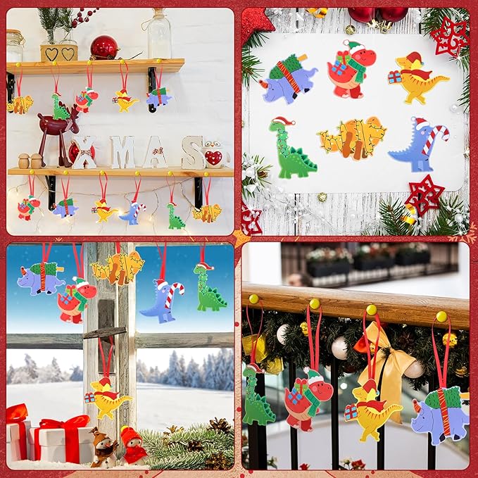 Yexiya 24 Sets Christmas Craft Kits Dinosaur Ornament Craft DIY Dino Hanging Ornaments with Sticker and Ribbon Christmas Tree Santa Hats Candy Canes Hanging Decor for Xmas Party Decoration