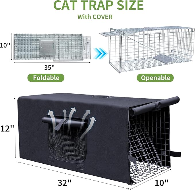 Live Animal Trap Cage with Cover, Cat Trap for Stray Cats 32 Inch Heavy Duty Folding Skunk Traps with Real Door for Raccoons, Opossums, Groundhogs, Skunks, Feral Cats, Squirrels-(32 x 10 x 12 inches)