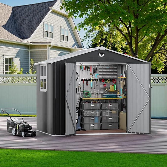 8x6 FT Outdoor Storage Shed, Metal Garden Shed - Tool Storage Sheds with Lockable Doors & 1 Clear Window, Waterproof Outside Storage Building for Backyard, Patio (Black; Floor Not Included)