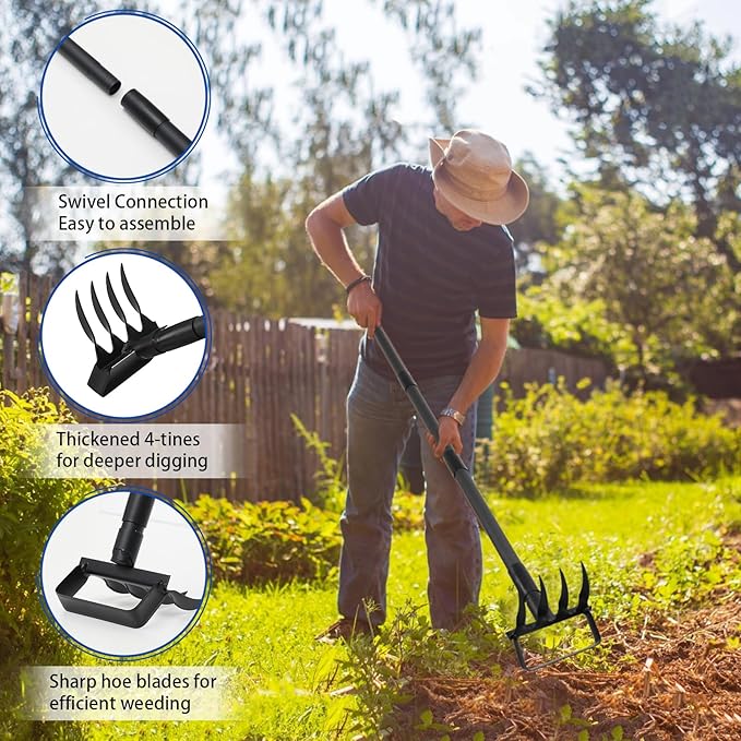 Garden Hoe Stirrup Hoe Weeding Tools, 2-in-1 Garden Hoe for Weeding with 62.6" Adjustable Handle, Heavy Duty Gardening Tools with 4 Tines for Weeding, Loosening, Digging and Cultivation