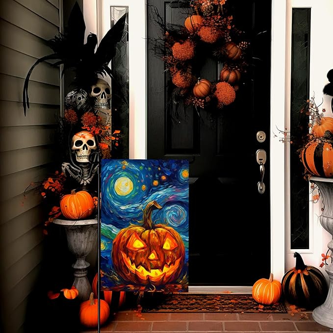 Halloween Garden Flag Pumpkin Garden Flag Van Gogh Garden Flags Arts Starry Night Sky Moon Yard Flag Double Sided Fall Porch Patio Farmhouse Outdoor Yard Decorative 12 x 18 Inch