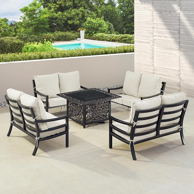 Oakland Living Black Aluminum Patio Fire Table Set with Four Deep Seating Loveseat with Cushions with Light Grey Cushions