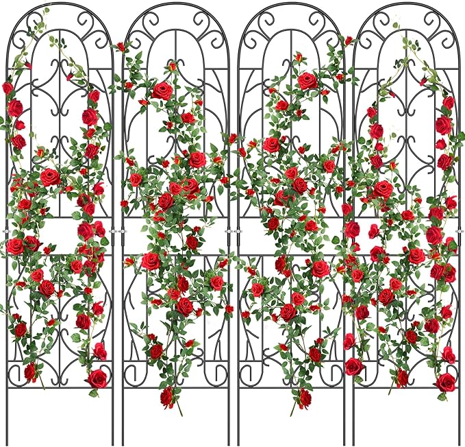 4 Pack Metal Garden Trellis for Climbing Plants, Black Metal Garden Trellis for Vines Plant Rose Vegetable Support,Large Decorative Outdoor Trellis