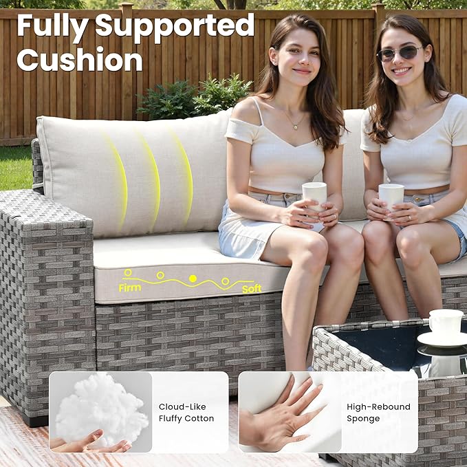 ovios 7 Pieces Patio Furniture Set, Outdoor Wicker Sectional Sofa with 30 Inch Fire Pit Table Comfy Cushions, Modern Modular Deep Seat Rattan Couch Conversation Set, Beige