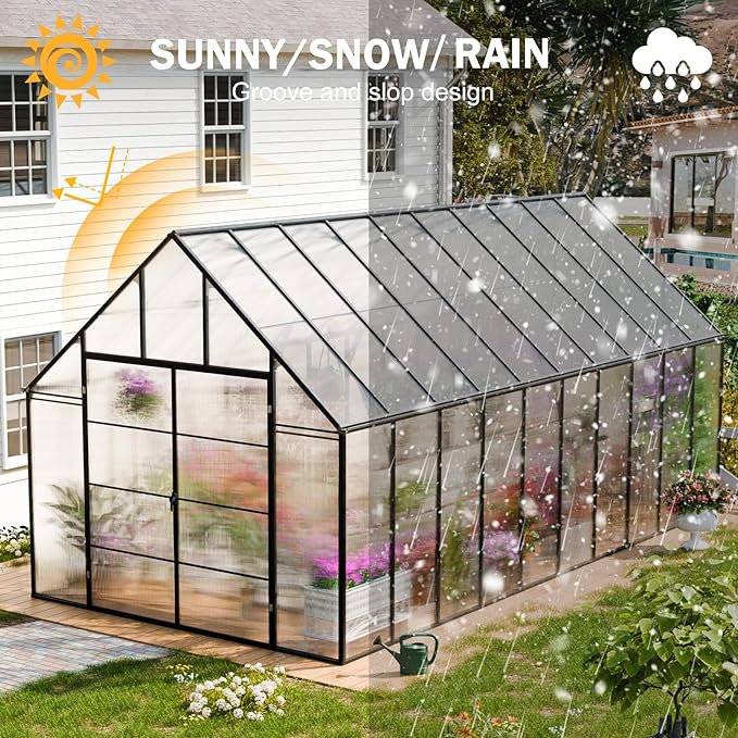 CDCASA 20x10x10 FT Greenhouse for Outdoors, Easy Assembly Large Thicker Aluminum Heavy Duty Polycarbonate Greenhouses Kit w/4 Vent Window, Swing Door, Walk-in Green House for Sunroom Patio,Backyard