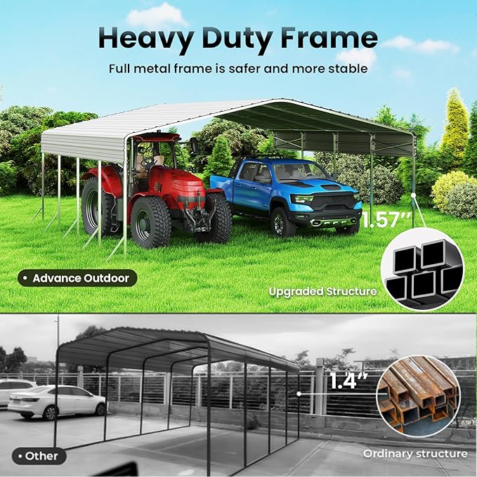Heavy Duty Metal Carport – Sturdy Structure, All-Weather Protection, Easy Assembly for Cars, Trucks, Boats, Tractors, and Outdoor Storage (White, 20X20 FT)