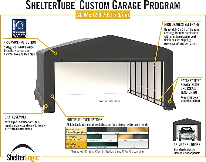 ShelterLogic ShelterTube Garage & Storage Shelter, 20' x 32' x 12' Heavy-Duty Steel Frame Wind and Snow-Load Rated Enclosure, Green