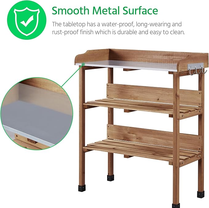 Yaheetech Outdoor Garden Potting Bench Table, Wooden Horticulture Planting Worstation w/Metal Tabletop/Storage Shelf/3 Hooks, Brown