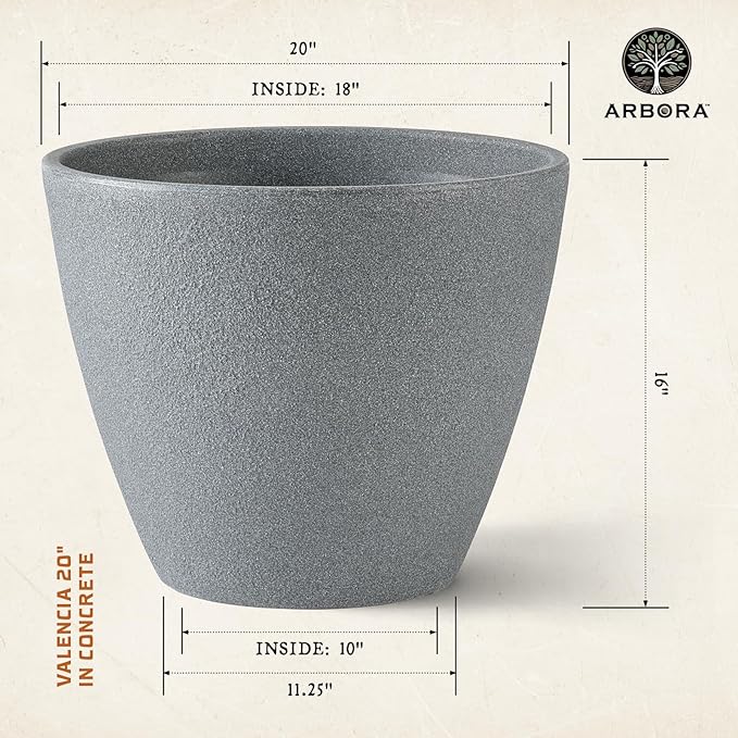 ARBORA 20" Valencia Polyresin Indoor and Outdoor Planter with Stone Blend Concrete Gray Finish - Durable, Weatherproof, Lightweight, Large Plant Pot for Patio, Garden, Deck, Entryway