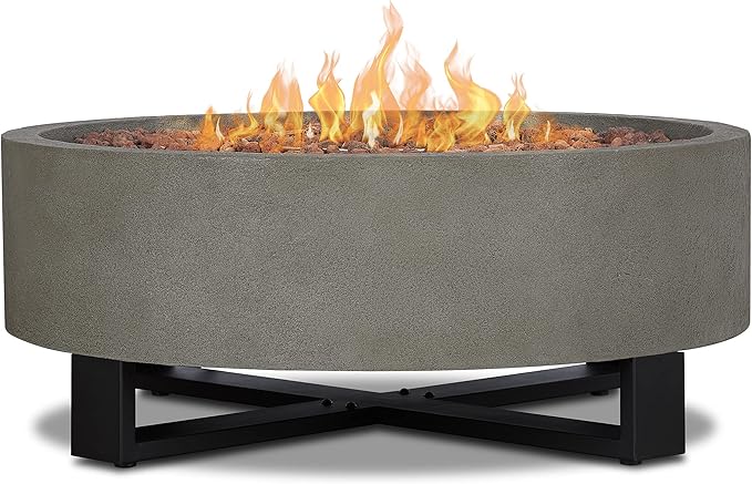 Real Flame Ideldale Round Outdoor Propane Fire Pit - Lightweight, Concrete-Like Material (MGO) - Push Button Start, Adjustable Flame Height