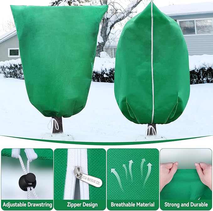 2 Packs Plant Covers Freeze Protection 70" x 82" 2.82oz/yd² Heavy Duty Winter Cold Weather Frost Cloth Blankets, Garden Warm Jacket Bags with Zipper & Drawstring for Outdoor Plants Fruit Tree Potted
