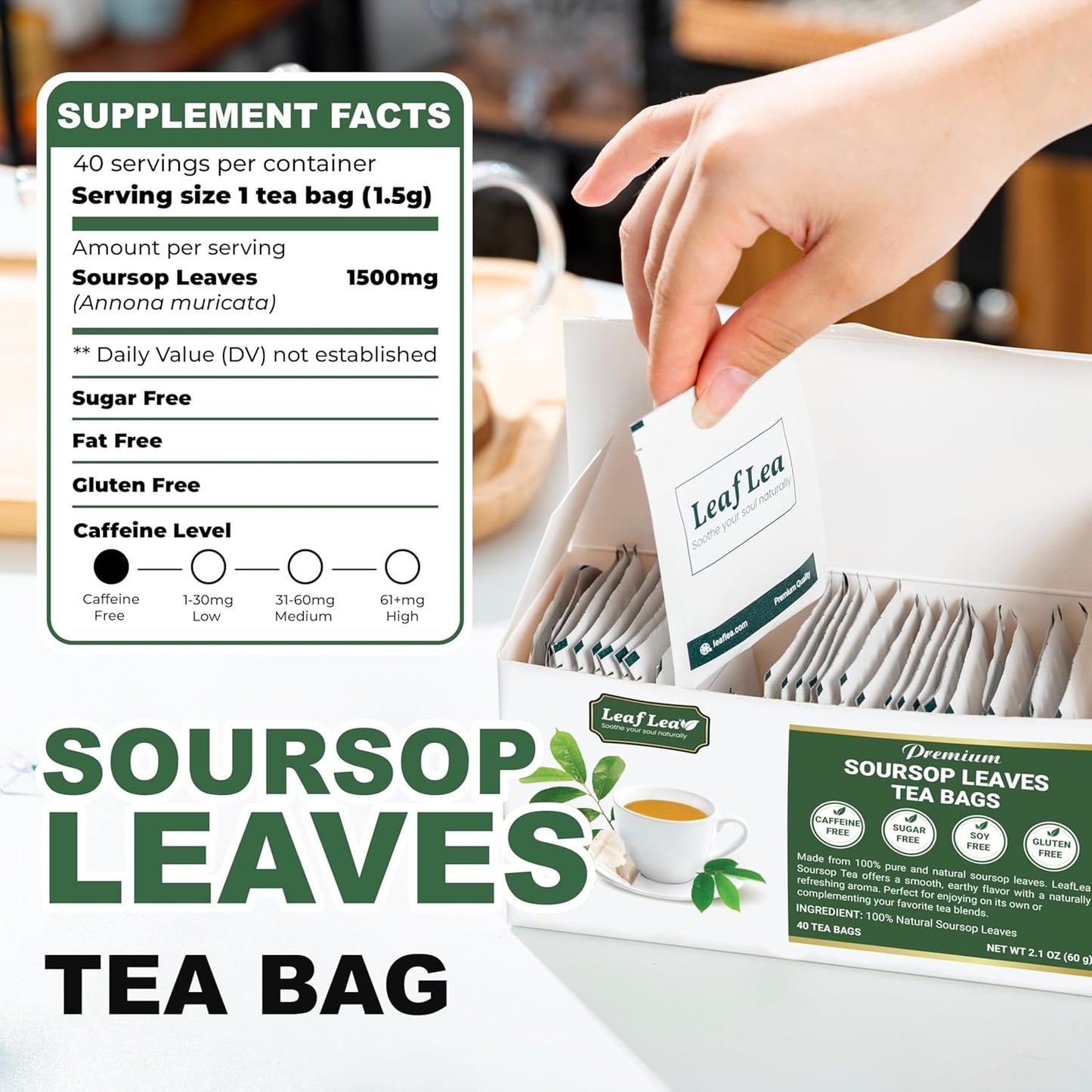 LeafLea 80 Soursop Leaf Tea Bags, from Natural Soursop Leaves (Graviola), Herbal Blend for Wellness, Sour Sop Herbal Tea Individually Wrapped for Freshness, Caffeine-Free, Vegan, No Sugar, Non-GMO
