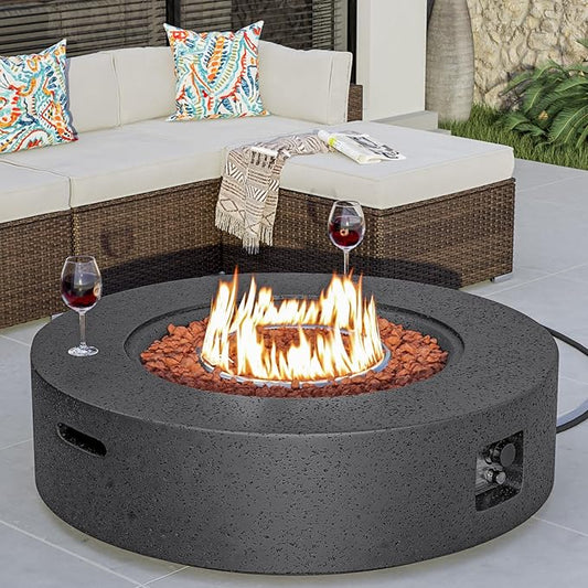 COSIEST 42 inch Outdoor Propane Fire Pit Coffee Table w Concrete Round Base Patio Heater, 50,000 BTU Stainless Steel Burner, Free Lava Rocks, Rain Cover, Gray