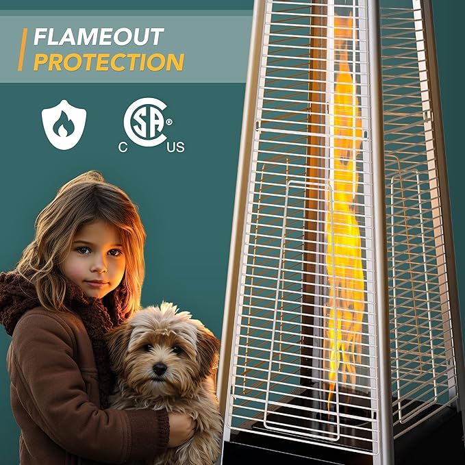 Pamapic Patio Heater with Cover, 48,000 BTU Pyramid Flame Outdoor Heater Quartz Glass Tube Propane