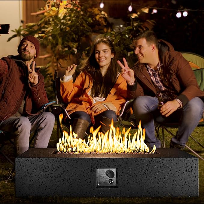 COSIEST 56" Rectangular Outdoor Propane Fire Pit Coffee Table w Concrete Rectangle Base, CSA Certified, 50,000 BTU, Free Lava Rocks and RainCover, Fits 20lb Tank Outside,Tank Cover, Gray