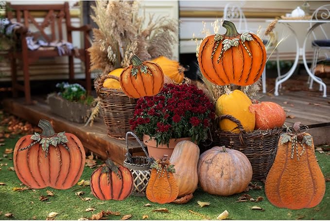 Metal Pumpkin Garden Stakes - Autumn Decorative Yard Signs - Indoor Outdoor Plant Flower Stake Fall Lawn Ornaments Pumpkin Decoration for Harvest Halloween (17.5"+26"-A)