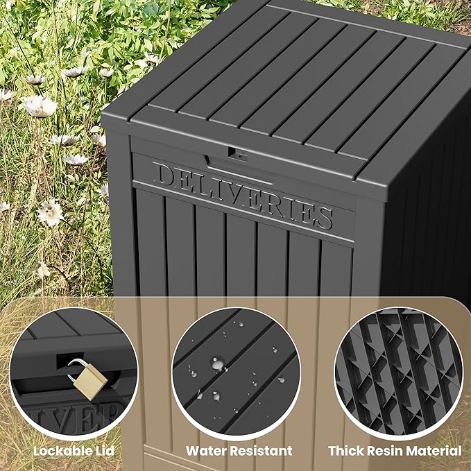 48 Gallon Outdoor Storage Box, Package Delivery Box for Outside with Lockable Secure, Resin Outside Storage Box Waterproof Deck Box for Patio & Pool, Black