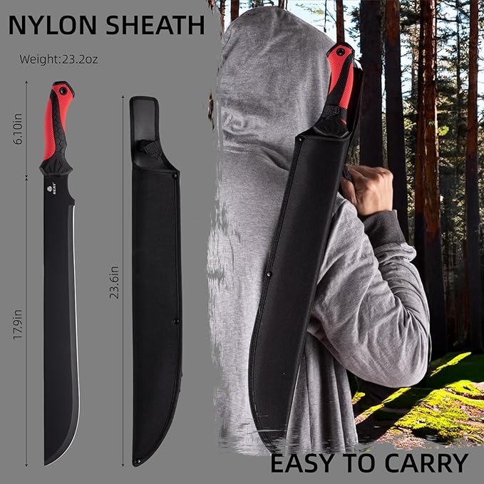 REAT Gardening Heavy Duty Machete,24" Full Tang Machete with Shaeth,Ergonomic No-Slip Handle,Machetes for Bushcraft, Outdoor Hunting, Garden Cutting Trees and Yard Work (Red)