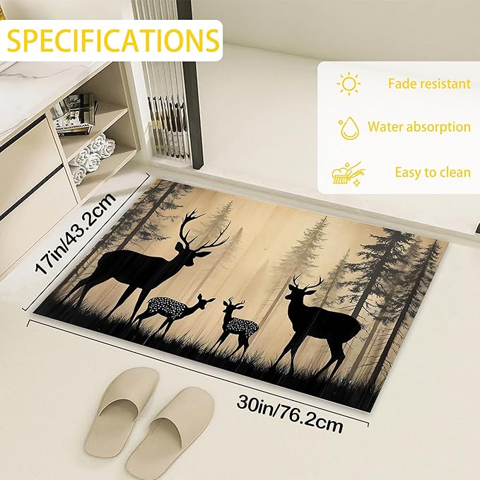 Vintage Forest Deer Family Welcome Mat Indoor,Rustic Animal Front Door Mat,Non-Slip Entryway Rug, Low Profile Felt Indoor Doormat for Back Door Porch Patio Entrance,30 x 17 Inch