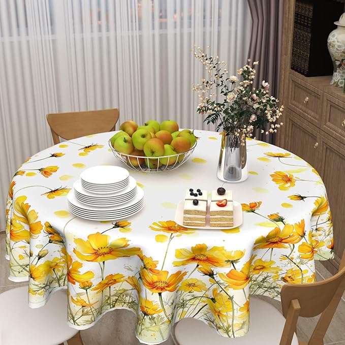 Giwawa Yellow Poppy Flowers Tablecloths for Round Table 60inch,Summer Floral Botanical Polyster Fabric Stain Resistant Table Cloth for Dining Room Kitchen Farmhouse Holiday Party Dinner