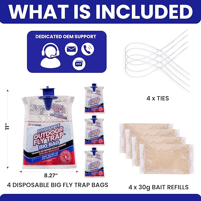 Fly Traps Outdoor Fly Trap for Patio. 4 Large Non-Toxic Pre-Baited Flies Bags Outdoor Disposable. Big Hanging Bug Catchers for All Filth Flies Killer for Outside Bug Control in Yard Horse Ranch