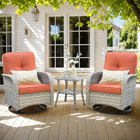 HOOOWOOO Outdoor Patio Bistro Set,3 Pieces Wicker Out Door Swivel Rocking Chair with Matching Side Table,Patio Furniture Sets,Orange Red