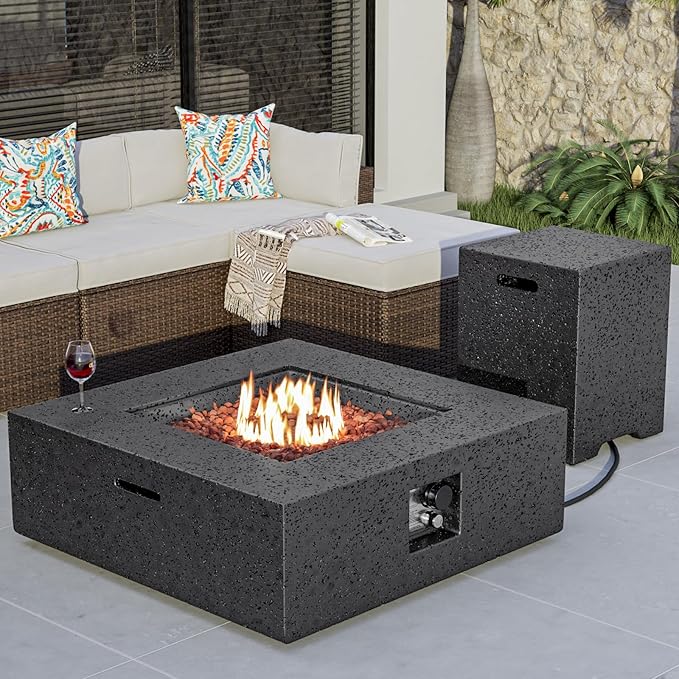 COSIEST Outdoor Propane Fire Pit Coffee Table w Square Faux Stone 35-inch Base, CSA Certified, 50,000 BTU Stainless Steel Burner, Free Lava Rocks and Rain Cover,Tank Cover, Gray