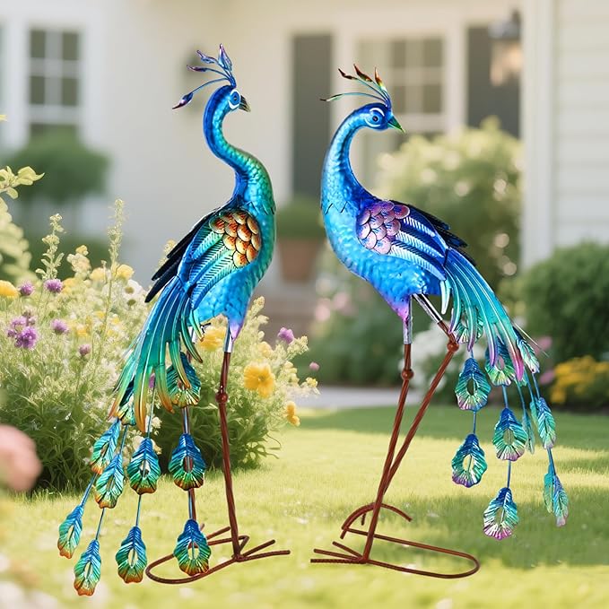 chisheen Metal Peacock Statue Garden Decor Yard Art Decoration Outdoor Sculpture,Set of 2,Housewarming Birthday for Women Mom