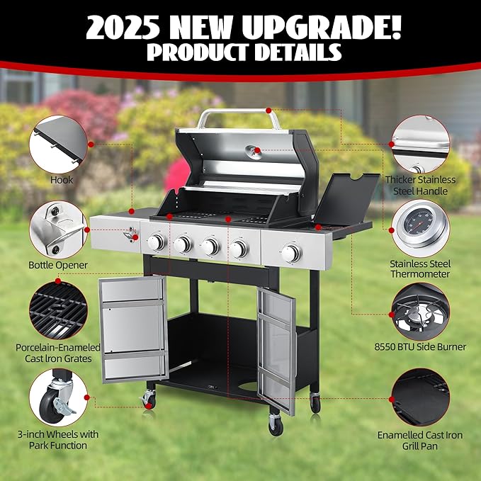 4-Burner Propane Gas Grill with Side Burner, 46,000 BTU Outdoor BBQ Grill with Porcelain-Enameled Cast Iron Grates and Griddle Pan, Built-in Thermometer Stainless Steel Grill for Outdoor Cooking