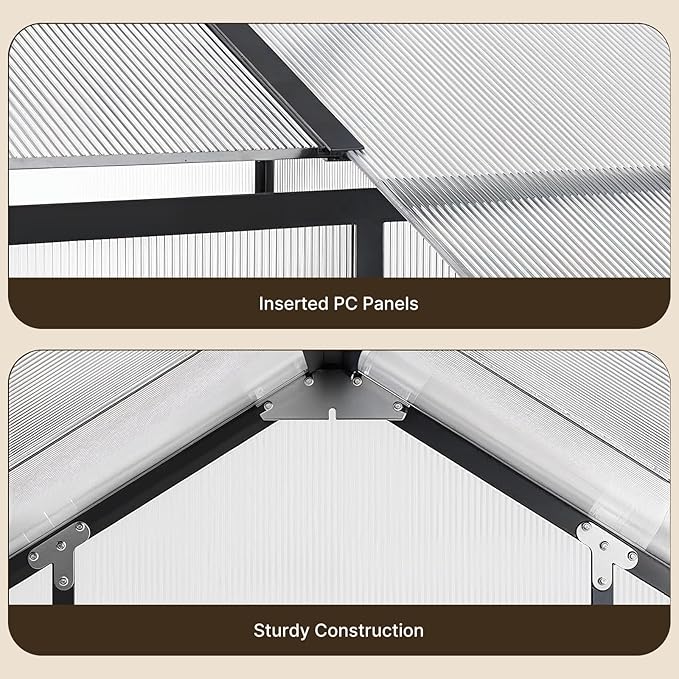 Gizoon 8x6 FT Outdoor Greenhouse, Quick Setup Polycarbonate Greenhouse with Adjustable Roof Vent and Sliding Door, Aluminum Walk-in Greenhouses for Outside Backyard Gardening (Black, 8x6FT)