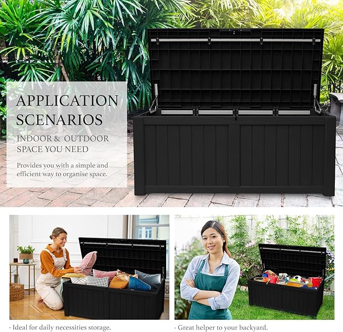 AJP Distributors 120 Gallon Outdoor Storage Box, Rain Waterproof Resin Deck Box, Lockable Large Storage Container for Patio Furniture, Cushions, Garden Tools, Sports Equipment and Pool Supplies Black