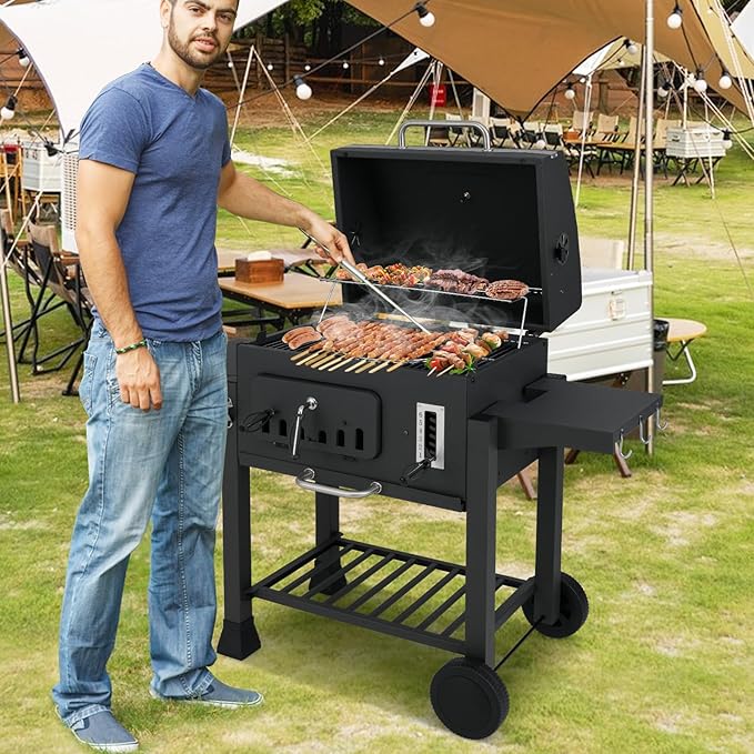Happygrill Barrel Charcoal Grill with 2 Folding Side Tables, 24-Inch Outdoor Barbecue Grill w/544 sq.in Cooking Area, 6-Gear Charcoal Tray & Storage Shelf, Portable Griddle w/Wheels for Camping Picnic