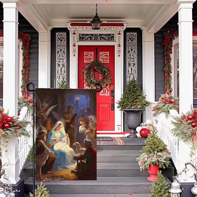 Nativity Garden Flags Religious Christmas Yard Flag Winter Catholic Jesus Garden Flag for Holy Night Outside Double Sided Home Yard Farm Xmas Decor Outdoor 12 x 18 In