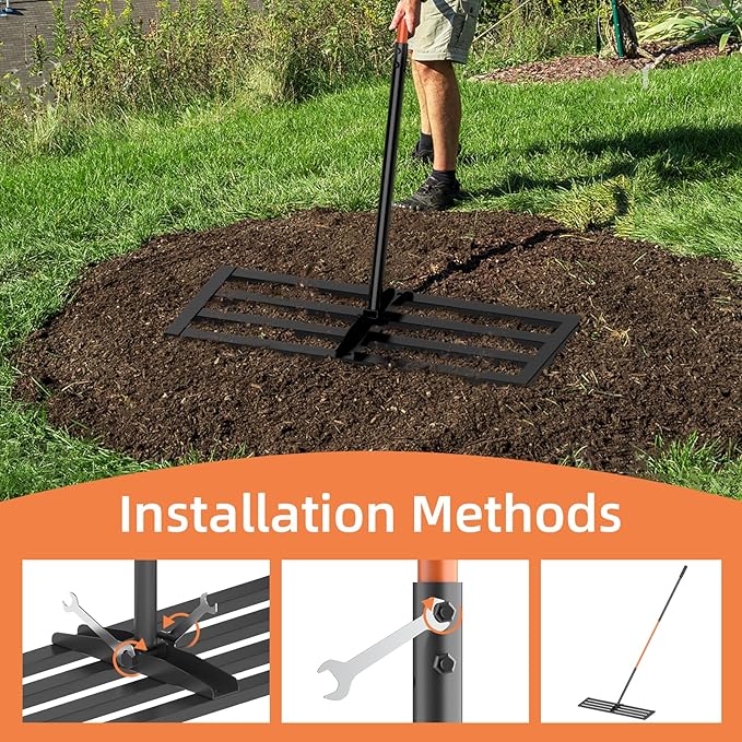 Lawn Leveling Rake 30"x10", Heavy-Duty Stainless Steel Yard Leveling Rake, Professional Soil Leveling Tool for Pastures, Golf Lawns, Gardens, Yards (Black)