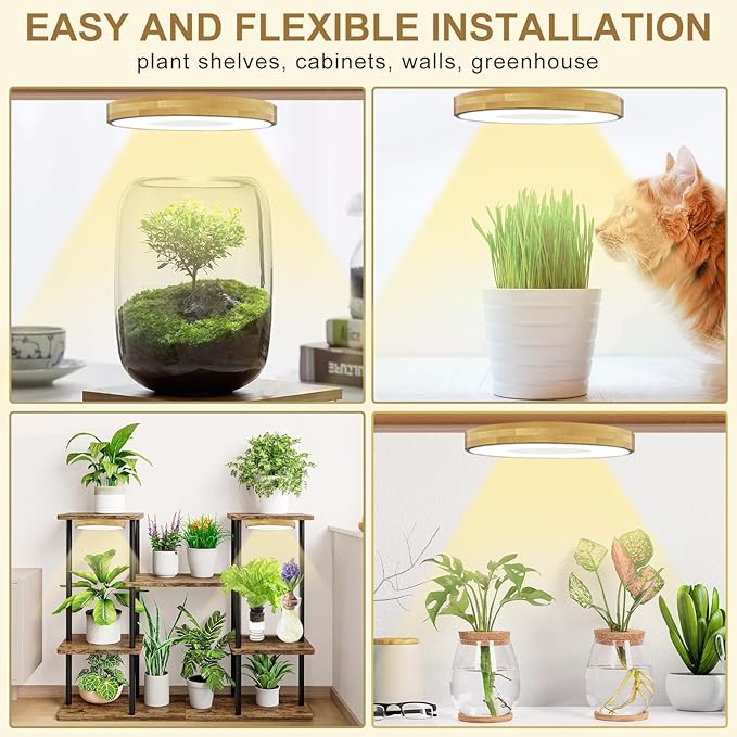 Grow Light for Indoor Plants, 144 LEDs Full Spectrum Halo Plant Light with Auto On/Off Timer (4/8/12H), 10-Level Dimmable, 3 Lighting Modes for Small Plants, Bamboo (6.3 inch Dual Head)