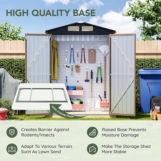 5x3 FT Outdoor Metal Storage Shed with Floor Frame, Double Door, 1 Clear Window, Tool Shed for Garden, Patio, Backyard Brown