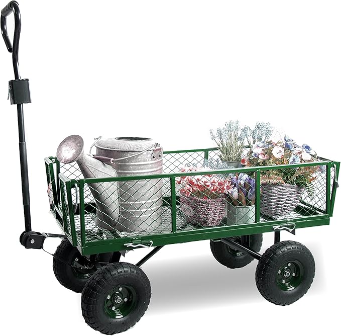 Backyard Expressions Heavy Duty 600 Lbs Capacity Mesh Steel Garden Cart Folding Utility Wagon with Removable Sides and (4) 10 Inch Wheels (Green)