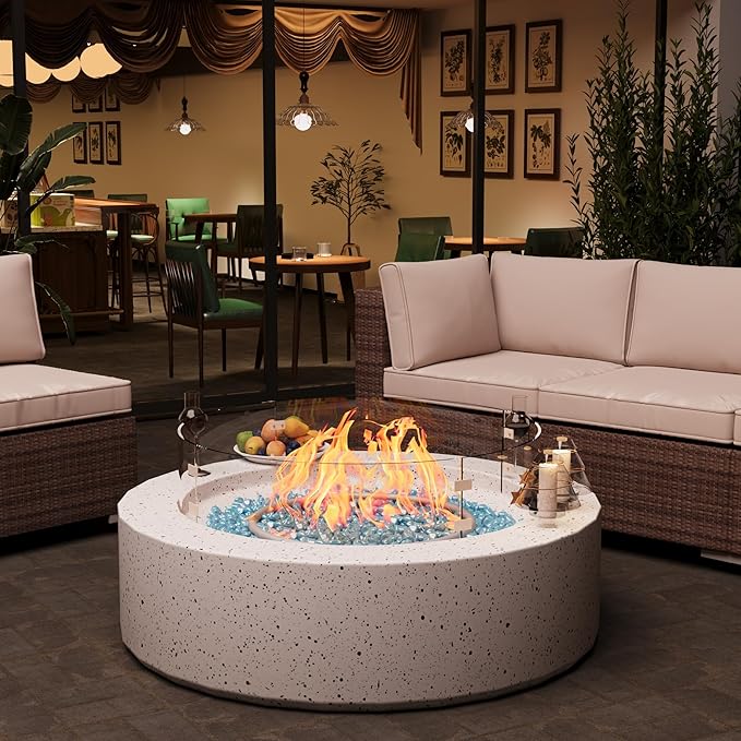 2-Piece Outdoor Propane Fire Pit Table Set – Premium Terrazzo-Like MgO Finish, Round Gas Fire Table with Glass Wind Guard for Patio, Garden & Backyard, Includes Rain Cover & Glass Beads